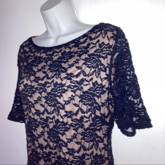 Candalite Scalloped Stretch Lace Cut out Back Navy Blue Tan Dress M - Picture 4 of 7